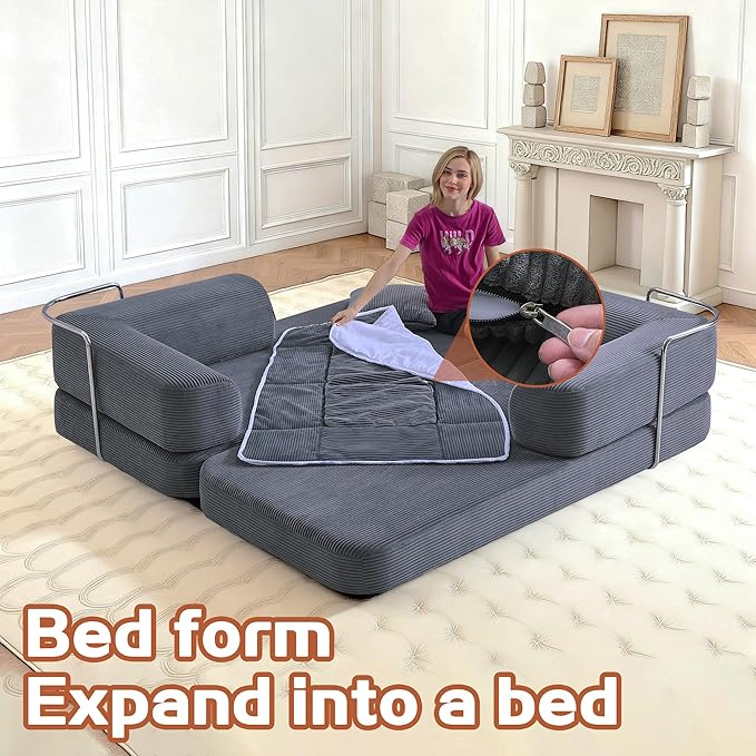KEIKI 75" Modern Floor Sofa Bed with Convertible Blanket Pillow,Enhanced Frame Stability,Compressed Couch for Bedroom