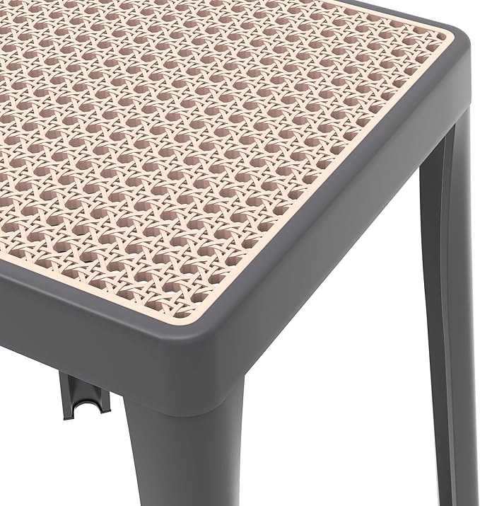 LeisureMod Stackable Square Plastic Dining Stool - Mid-Century Modern Backless Accent Stool with Wicker Top for Kitchen & Dining Room, Grey