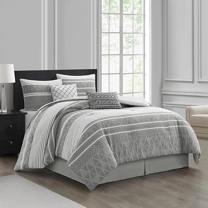 Grand Avenue Cotton King Size Comforter Set, 6 Piece, Grey Geometric Jacquard Bedding Set, Bedskirt, Pillows & Shams, Home Decor