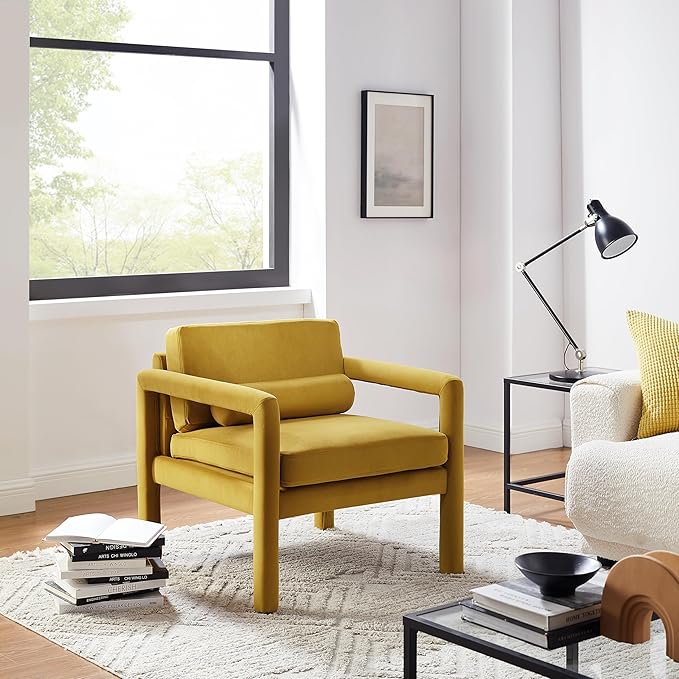 Art Leon Modern Accent Chair, Velvet Upholstered Arm Chair with Pillow, Single Sofa Chair for Living Room Bedroom, Yellow