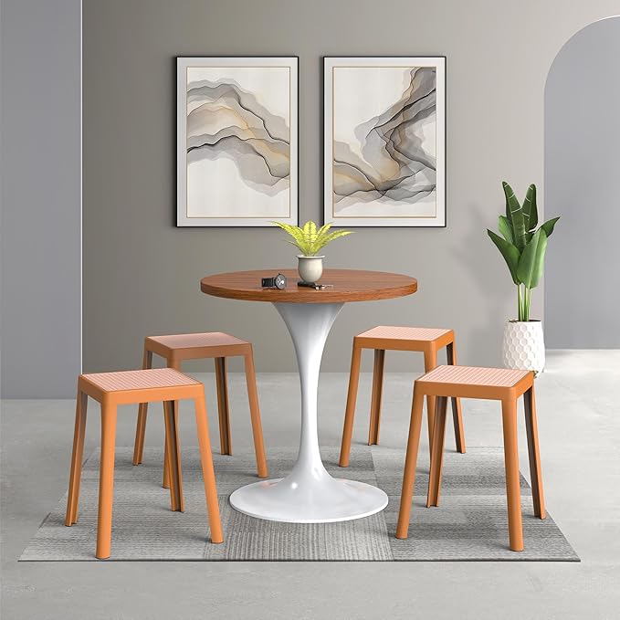 LeisureMod Stackable Square Plastic Dining Stool - Mid-Century Modern Backless Accent Stool with Wicker Top for Kitchen & Dining Room, Yellow