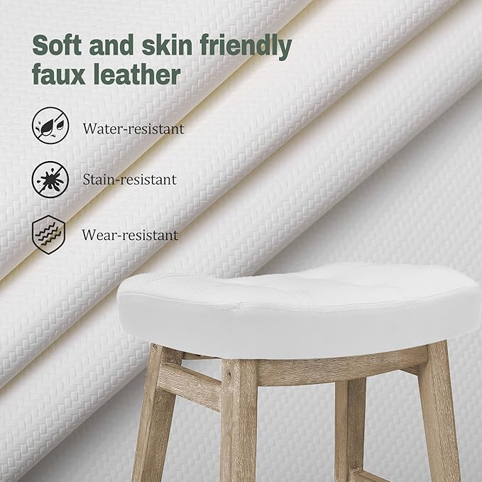 RNKSFX Counter Height Bar Stools Set of 2 for Kitchen Counter, Wooden Backless Island Barstools Farmhouse Modern Short Stools No Back with Faux Leather Saddle Seat 24 inch Counter Top Chairs, White