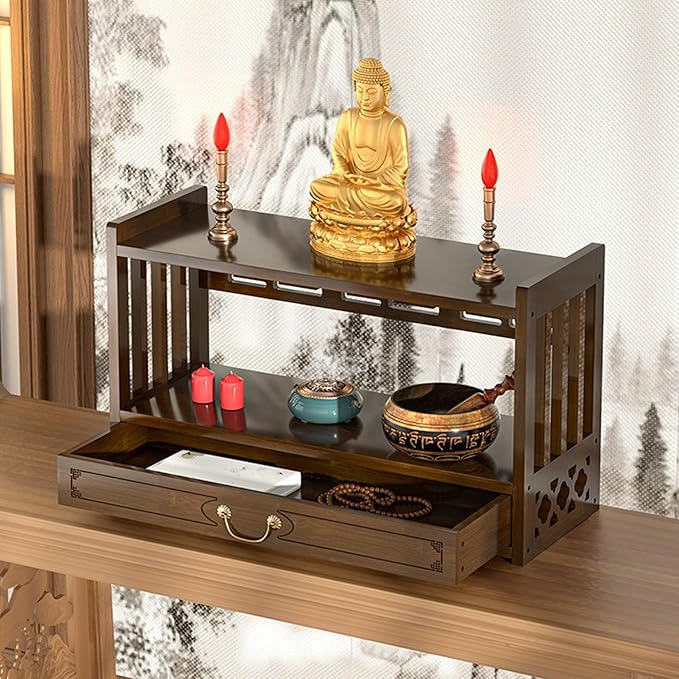 Low 3-Tier Meditation Table with Drawer,Bamboo Altar Tables,Puja Desks,Tatami Desk,20.4”W,Walnut Color