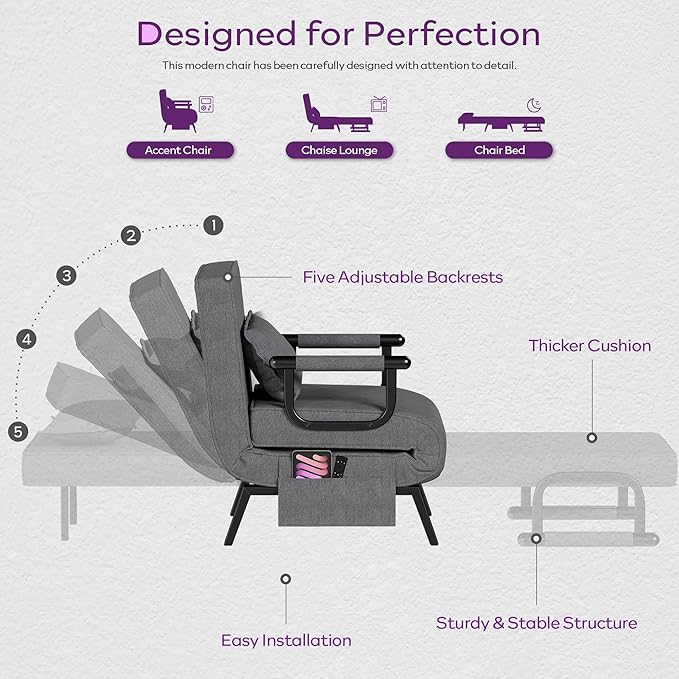 TYBOATLE Sleep Chair Bed, Comfy Convertible Sleeper Chairs for Adults, 5 in 1 Folding Sofa Bed with Adjustable Backrest & Side Pockets & Pillow, Cozy Small Couch for Small Spaces, Office (Dark Grey)