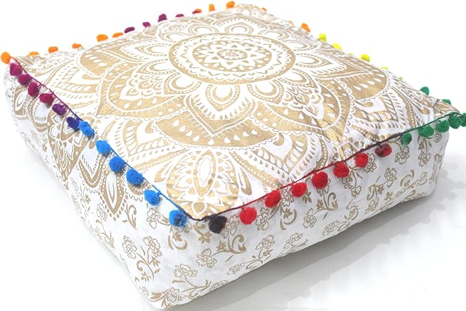 CRAFT KALA 18" Square Large Hippie Mandala Meditation Floor Ottoman Pillow Cushion Pouf Cover Square Poufs Bohemian Circle Floor Cushion Case Outdoor Fireplace Living Decor Cover White Gold Flower
