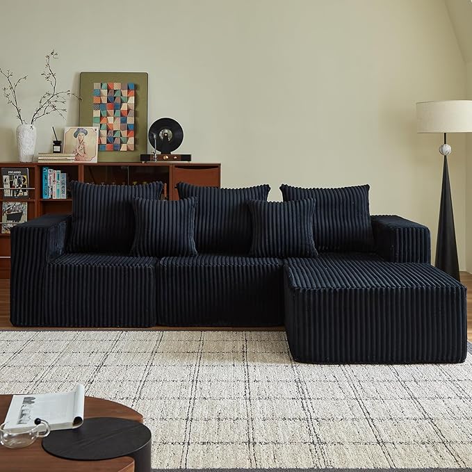ERORVX 102" Black Couch for Living Room,Boneless Couch No Assembly Required,Comfy Couches with Oversized Chaise,Compressed Sofa for Any Room,Modern Sofa-Corduroy