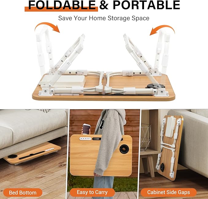 DECOSIS Laptop Bed Desk Height Adjustable, Bed Laptop Table with USB/Storage Drawer/Cup Holder/Tablet Stand/Book Shelf, Foldable Breakfast Tray Portable for Reading Writing, Bed, Sofa & Floor, Wood