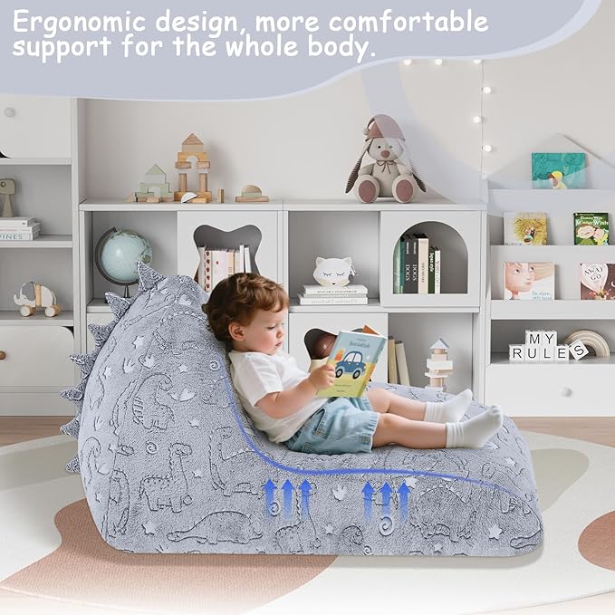 COMAX Dinosaur Bean Bag Chairs for Kids, Kid Beanbag Chair with Filler, Toddler Lounge Bean Chair, Children Lazy Floor Lounger for Girls Boys, Glowing Dino