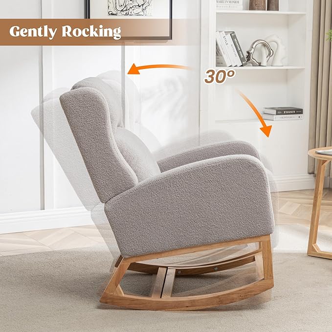 HCHAIRH Rocking Chair Nursery, Nursing Rocking Chairs for Mom Nursery, Comfy Wingback Glider Rocking Armchair with Foot Rest and Side Pocket for Nursery Living Room Bedroom, Teddy Grey