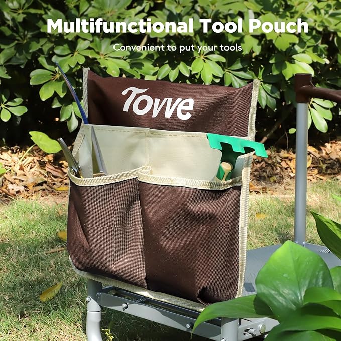Tovve Upgraded Garden Kneeler and Seat with Thicken & Widen Soft Kneeling Pad, Heavy-Duty Foldable Garden Stool with Large Garden Tool Bag, Portable Garden Bench Gardening Gifts for Women, Seniors