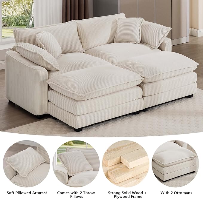 Aoowow Oversized Loveseat Couch with Ottomans,Modern Corduroy 2 Seater Cloud Couches for Living Room,Modular Sectional Cloud Sofas Deep Seat,Double Lounger Sleeper Sofa