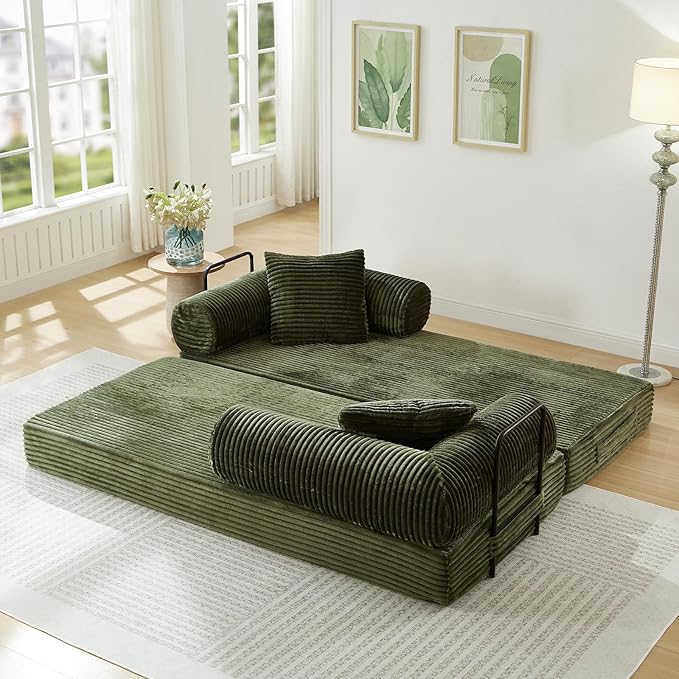 Modular Couch Bed, Convertible Folding Plush Corduroy Comfy Floor Memory Foam Compression Loveseat Sleeper Sofa Couch, King Size Bed for Guest Room Living Room Bedroom, No Assembly Required, Green