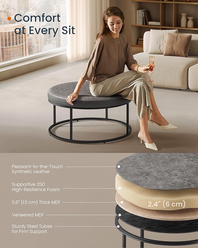SONGMICS HOME LUIZ Collection - Ottoman, Round Coffee Table, Footstool, Reversible Top, Padded Seat, Side Table, Minimalist, Steel Frame, Max. Load 660 lb, for Living Room, Dove Gray ULOM078G01