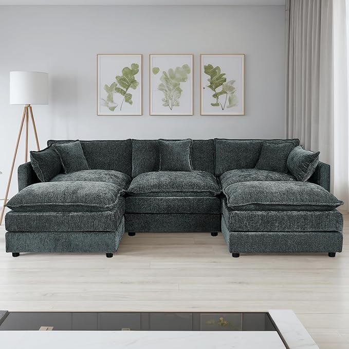 Aoowow Modular Sectional Sofa Modern Convertible U Shaped Couch,112.2 Inch Deep 3-Seater Sofas Set Comfy Chenille Cloud Sofas and Couches with Movable Ottoman for Living Room Apartment（Grey）