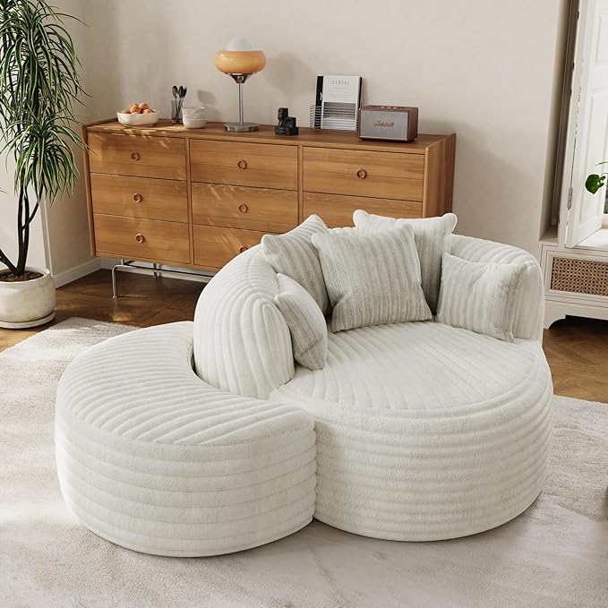 50" W Oversized Round Chaise Lounge Chair with Ottoman Indoor Boneless Plush Fluffy Corduroy Circle Couch Soft Comfy Cozy Cloud Reading Chair for Living Room, Playroom, Bedroom - Beige White