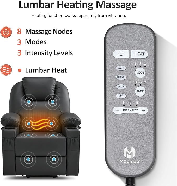 MCombo Large Power Lift Recliner Chair with Massage and Heat for Tall Elderly People, 3 Positions, Cup Holders, and USB Ports, Faux Leather 7516 (Large, Black)