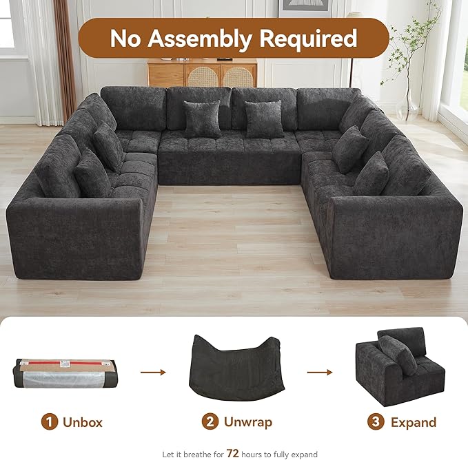 140''Modular Sectional Couches for Living Room, Cloud Boneless Compressed Sectional Sofa, Oversized U Shaped 8 Seater Upholstered Memory Foam Sofa, No Assembly, Chenille Grey