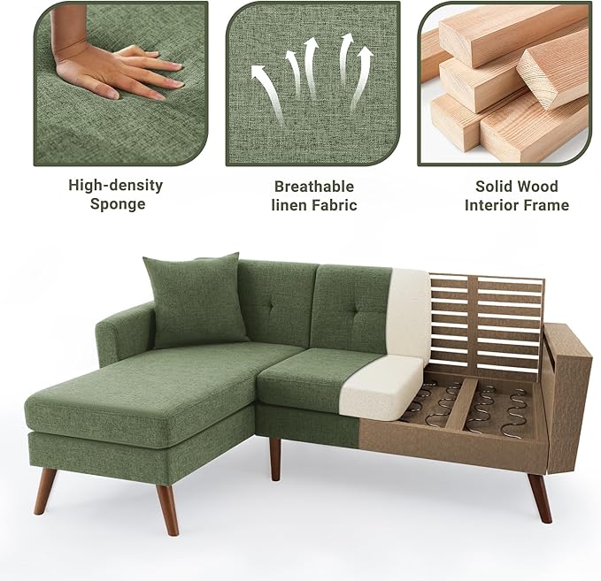 Tbfit L Shaped Couch Sofa, 80" W Mid-Century Modern Sectional Couches, 3 Seater Sofas with Wide Chaise Lounge, Button Tufted Upholstered Sectional Sofa for Living Room, Bedroom, Green | linen fabric, button tufted, solid wood foot, pocket spring, wood ...