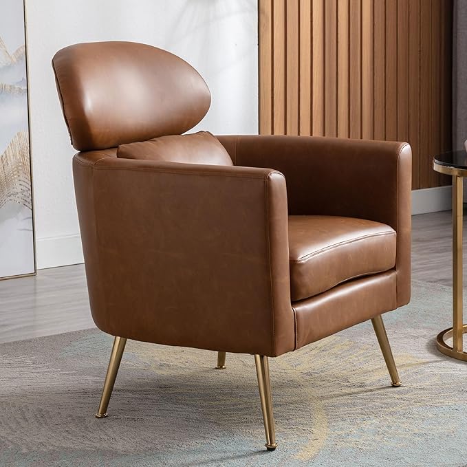 DM Furniture Brown Accent Chair PU Leather Upholstered Living Room Chairs Mid Century Modern Arm Chair w/Golden Legs for Bedroom/Reading/Lounge/Reception