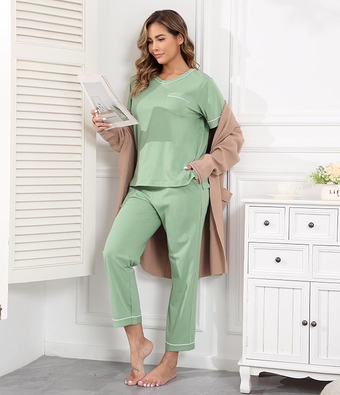 CF Women's 100% Cotton Pajama Sets Soft Short Sleeve Tops & Pants Comfy Sleepwear 2 Piece Lounge set with Pockets Loungewear
