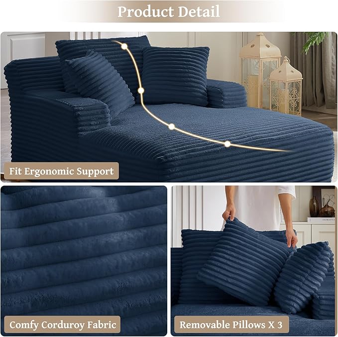 VEPXXP 66" Chaise Lounge Chair Indoor, Oversized Boneless Couch Comfy Upholstered Sleeper Sofa Bed with 3 Pillows, Corduroy Cloud Reading Chair for Living Room No Assembly Required, Blue