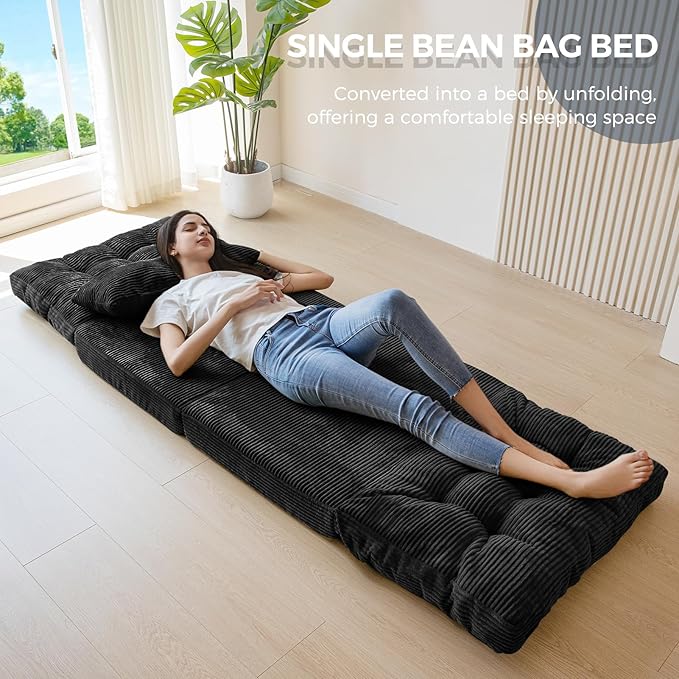 MAXYOYO Bean Bag Bed Tufted Folding Sofa Bed with Pillows Floor Mattress for Adults, Extra Thick and Long Floor Sofa, Single Couch for Bedroom Living Room, Black, 30x91 Inch