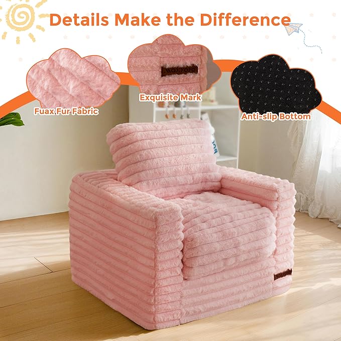 MAXYOYO Kids Bean Bag Chair, Comfy Faux Fur Bean Bag Sofa with Filler, Upholstered Floor Sofa with Pillows and Armrests, Lazy Floor Chair Couch for Boys and Girls, Pink