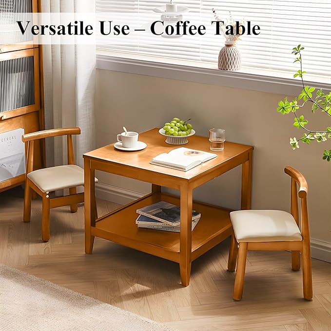 Cttasty Side Table, Solid Wood Square End Table with Storage Shelf, 2-Tier Coffee Table for Living Room, Rubber Wood Small Sofa Table, Nightstand 23.62 H x 23.62 W x 23.62 D Inches (Natural)