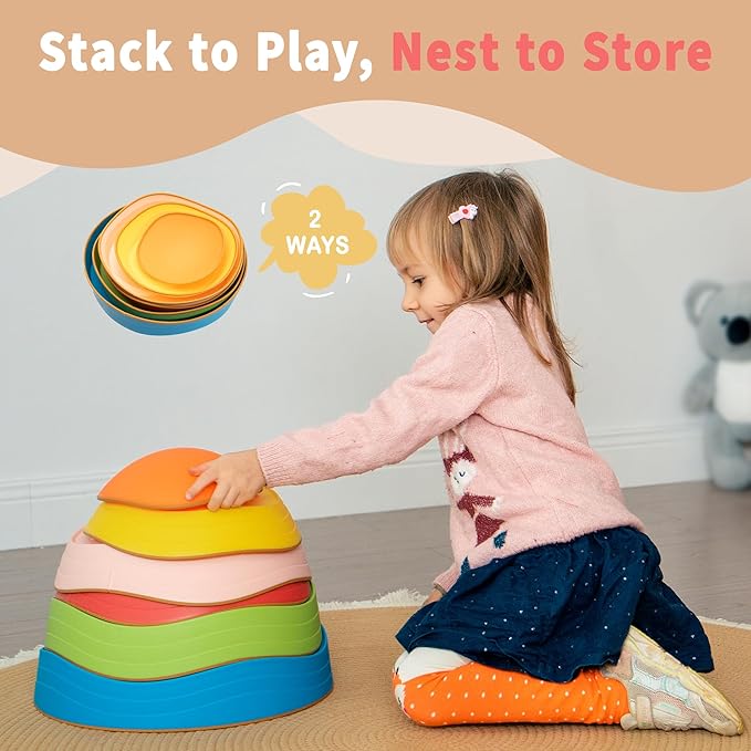 Oranmew Stepping Stones for Kids – Toddler Stepping Stones for Balance and Sensory Play, Non-Slip Indoor and Outdoor Balance Toys for Boys and Girls Age 3+, Stackable 6 Pcs Set