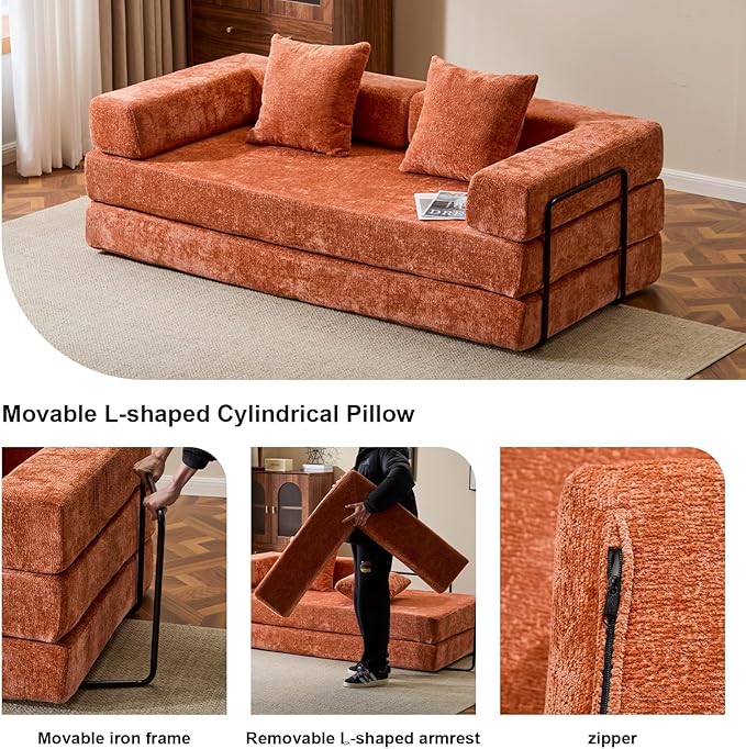 77" Convertible Foldable Floor Couch, 3-Seat Futon Sleeper Sofa for Living Room, Bedroom, or Apartment, with Pillow Backrest and Armrests, Chenille Fabric, No Assembly Required, Orange