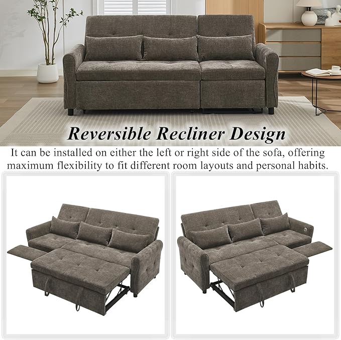 Gagawin 2 in 1 Convertible Sofa Bed with Reversible Recliner, Chenille 3-Seater Couch Sleeper with Pull Out Bed & Adjustable Backrest & Dual USB Charging Ports for Living Room, Gray