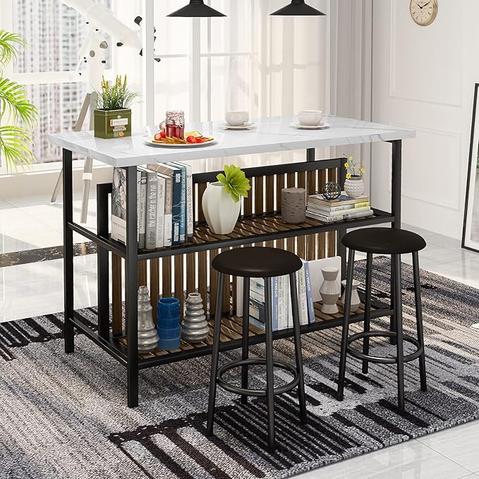 Lamerge 3 Piece Bar Table and Chairs Set,Industrial Kitchen Island Table with Storage and Seating,Faux Marble Kitchen Tables Set for 2 with Shelves,Counter Height Table Set for Small Space,White