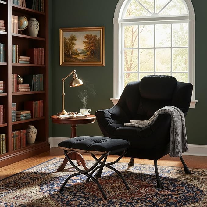Welnow Lazy Chair with Ottoman, Modern Lounge Accent Chair with Armrests and a Side Pocket, Leisure Sofa Armchair, Reading Armchair with Footrest for Small Space, Black