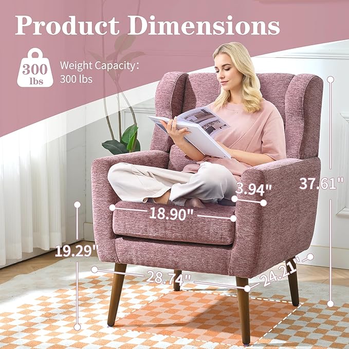 QKFF Accent Chair Set of 2, Upholstered Armchair with Pillow, Fabric Single Sofa Chair with Lounge Seat and Wood Legs Accent Chair for Living Room Small Spaces (Purple, Set of 2)