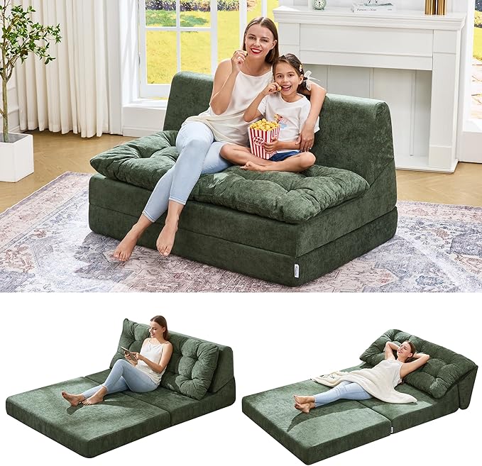 Hobestluk Sofa Couch Folding Sofa Bed Sleeper Comfy Floor Lounger Loveseat Sofa with Removable Cushion Couches Foldable Mattress for Living Room Bedroom or Office (Chenille Green, Oversize)