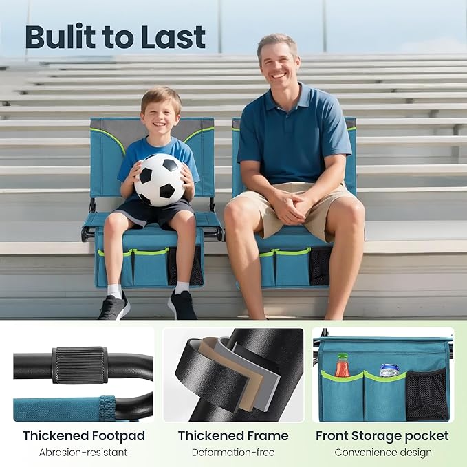HIGH POINT SPORTS Folding Stadium Seat Bleacher Chair with Mesh Bag and Hide Hooks, Portable Stadium Chair with Back, Outdoor Comfort Chair, Blue Green