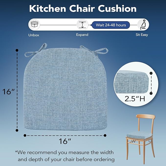 Chair Cushions for Dining Chairs, Non Slip Chair Pads with Ties and Covers, Memory Foam Kitchen Chair Cushions Set of 6, 16"X16"X2.5", Light Blue