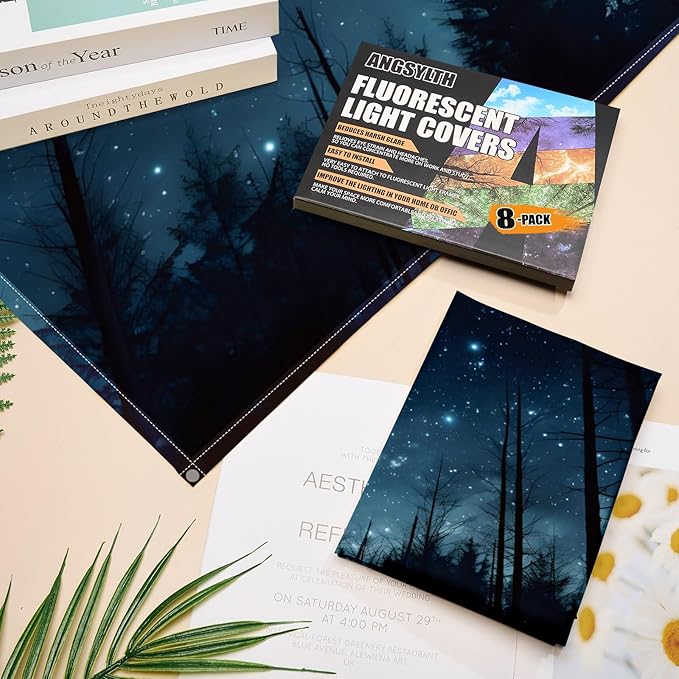 8 Pcs Fluorescent Light Covers - 4 x 2 Feet Covers for Ceiling Lights, Magnetic Light Filters for Classroom, Office, Hospitals, Home (Forests & Starry Sky-2)