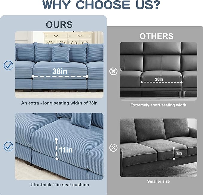 KEIKI 54" Oversized Corduroy Modular Sectional Single Sofa with 1 Ottoman, High-Density Foam Cushions, Extra-Thick Armrests, Modern 1-Seater Lounge Accent Chair with 3 Pillow, for Living Room, Blue