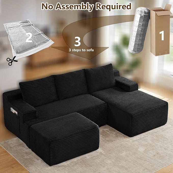 96" U-Shape Cloud Couch, Modern Modular Sectional L-Shape Sofa with Ottoman, Corduroy Upholstered Couches Deep Seat Sleeper Chaise Longue for Living Room, No Assembly Required(Black, Right Facing)