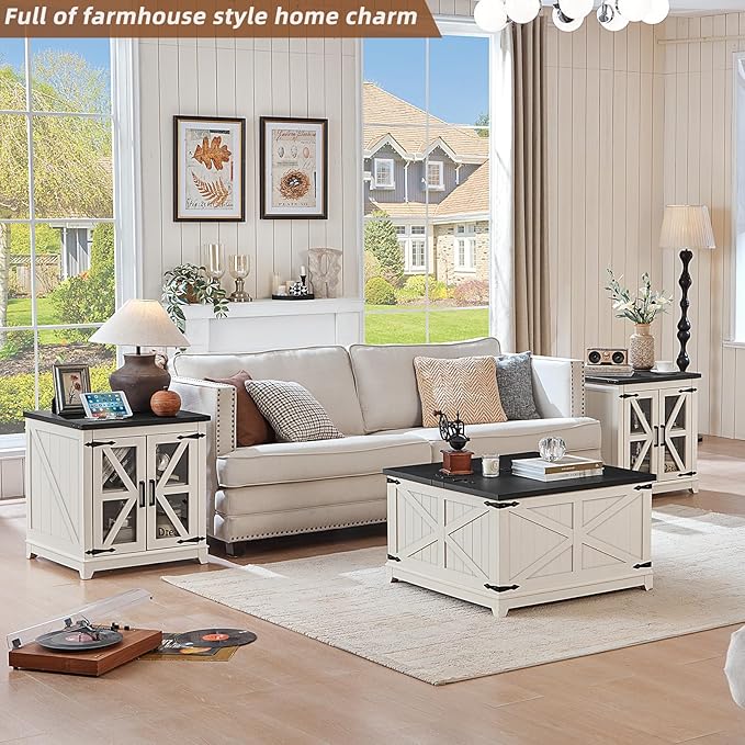 Farmhouse Coffee Table Sets 3 Pieces, Large End Side Tables with Charging Station and Coffee Table with Hidden Storage Compartment, White Living Room Table Set, Wood Furniture Sets for Home Office