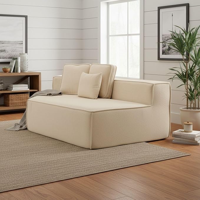 EPOFIT 1-Seater Teddy Fleece Modular Sofa Chair, Low-Profile Floor Seat with Wide Cushion and All-Foam Support, Left-Facing Design, Compressed Packaging – Beige