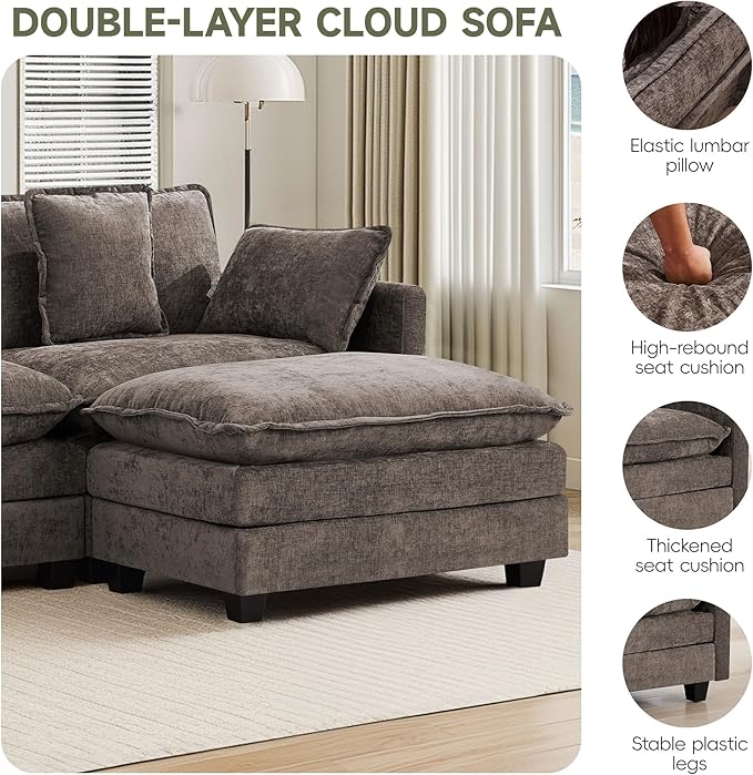 UMBFUN Cloud Couch Loveseat with Ottoman, Oversized Comfy Modular Sectional L Shaped Sofa with Deep Seat Cushions, Chenille 2-Seater Lounge Set for Living Room, Brown