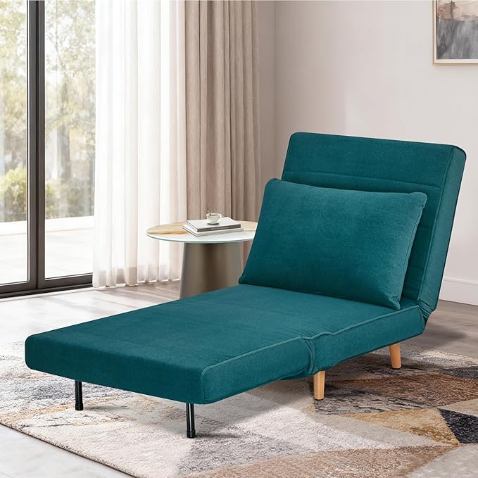 CITTANEO 31" Convertible Sleeper Chair, 3-in-1 Foldable Chair Bed with Pillow, 3-Position Adjustable Backrest, Single Sofa Bed for Apartment, Office, Peacock Blue