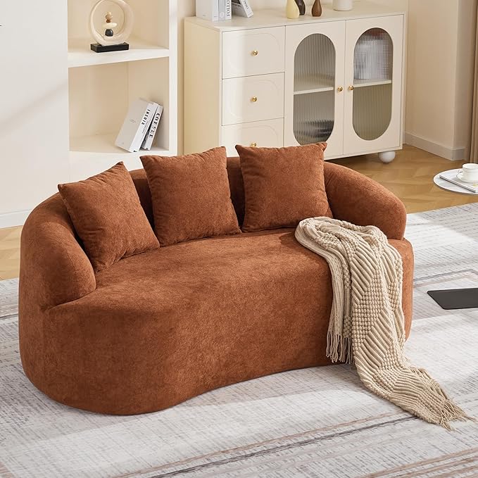 Abbrevi 65" Curved Loveseat Sofa, Deep Seat Love Seat Couches with 3 Throw Pillows, Modern 2 Seater Boneless Curved Couch, Compressed Floor Sofa for Living Room Small Spaces, No Assembly, Orange