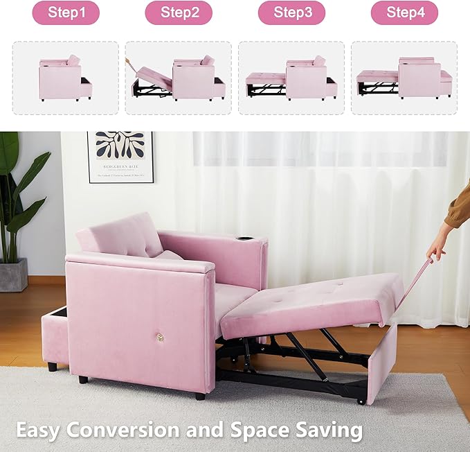 Velvet Convertible Chair Bed, 3 in 1 Multi-Functional Lounge Chair Sleeper, Pull Out Couch Guest Bed with Hidden Table and Adjustable Backrest for Living Room Small Space Apartment (Pink)