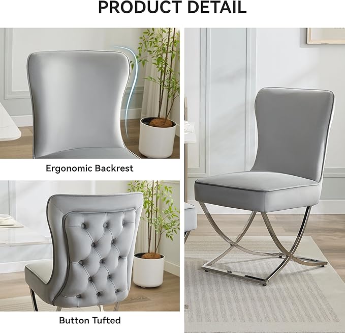 WUTUTUEE Luxury Velvet Dining Chairs, Tufted Upholstered Armless Accent Chairs with Silver Metal X-Legs, Modern Glam Dining Room Chair Set of 2, Light Grey