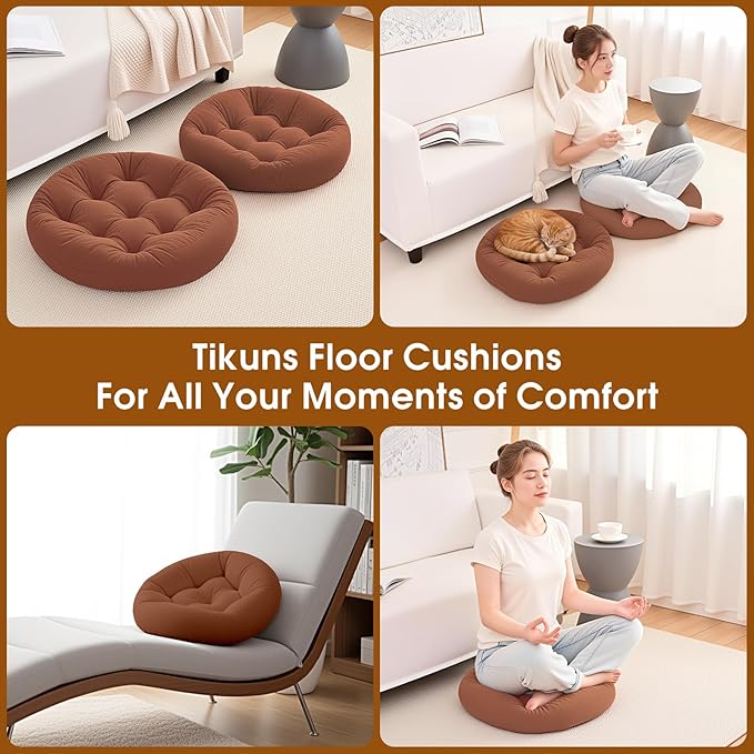 4Pcs Floor Pillows for Adults, 22x22 Inch Meditation Cushions, Large Round Sitting Cushion Living Room Memory Foam Pillow for Sitting (4, Brown, 22x22x4 Inch)