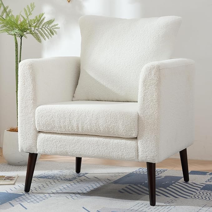 QKFF Barrel Accent Chair with Back Pillow, Large Teddy Upholstered Armchair with Solid Wood Legs Modern Reading Chairs for Living Room Bedroom
