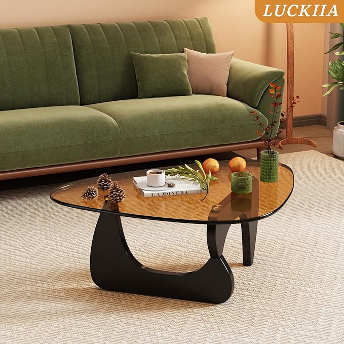 LUCKIIA Coffee Tables Glass Small Farmhouse Coffee Table Mid-Century Modern Wood Center Table for Living Room, Black Brown, 45 Inch